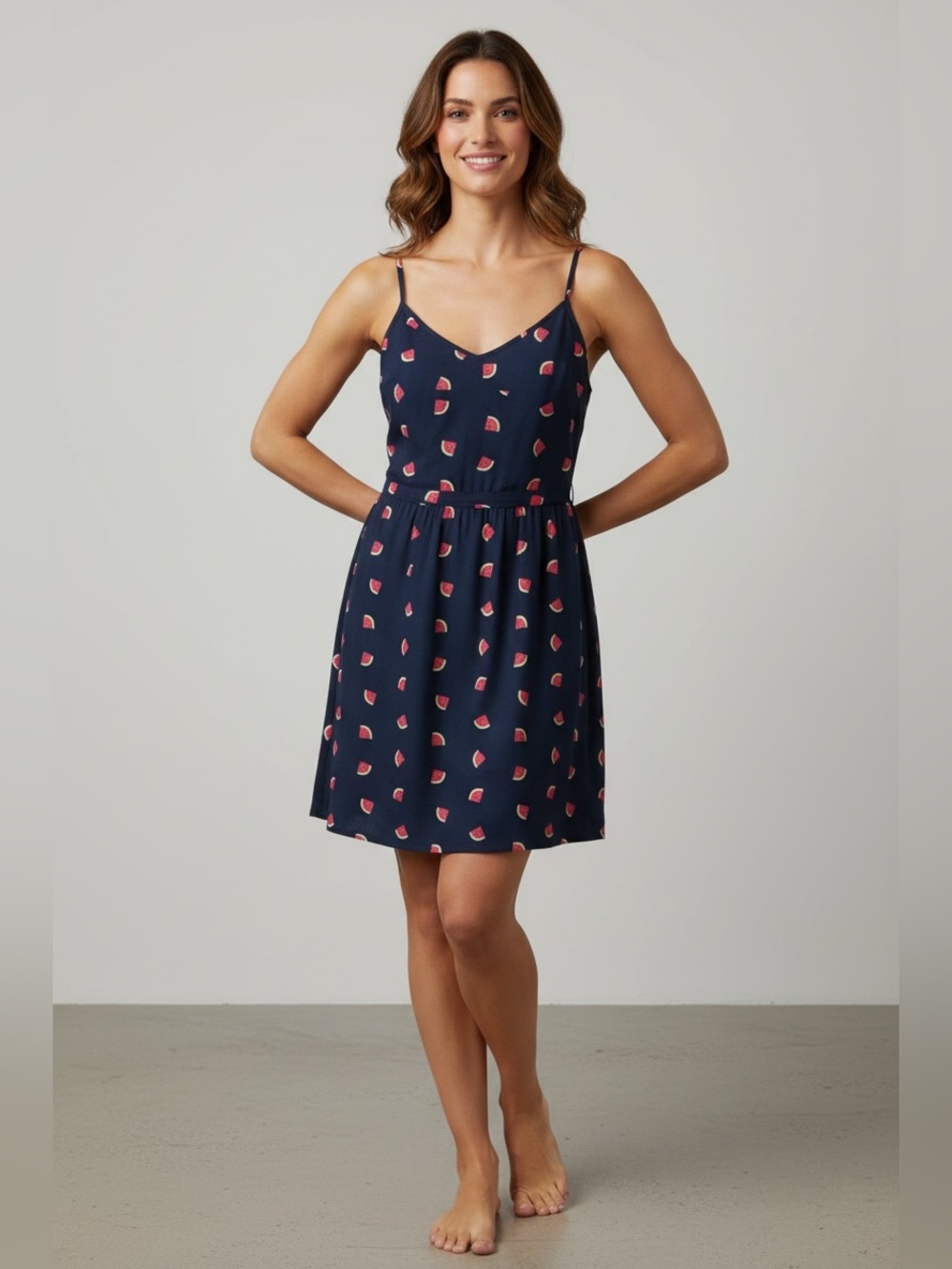 J.Crew Women’s Size 8 Sleeveless V Neck Navy Blue Watermelon Print Sundress